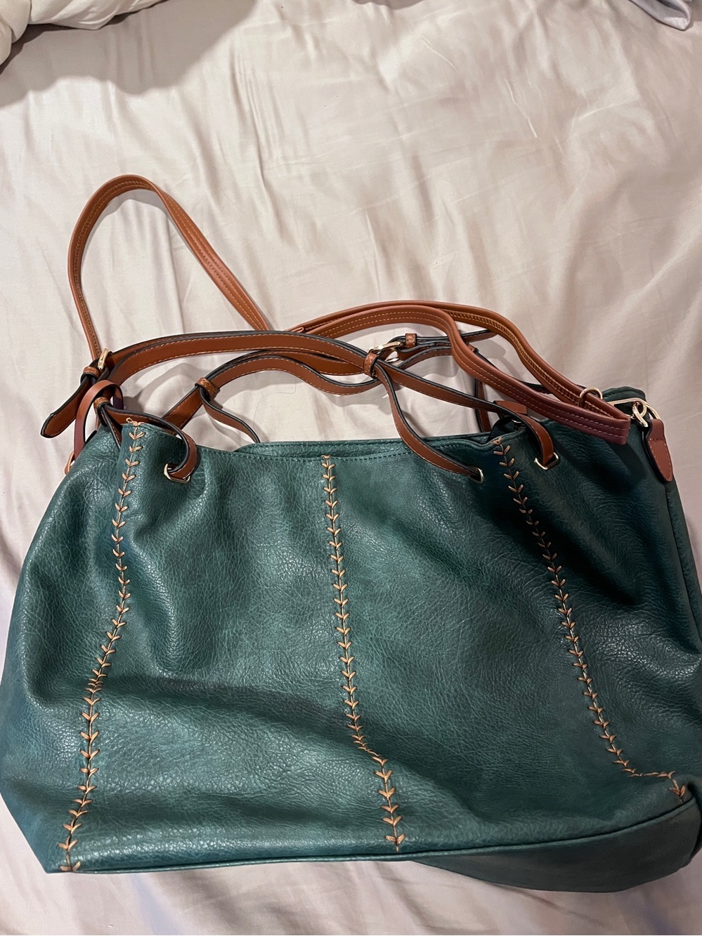 Green Tote Handbag with Tan Trim and Gold Hardware - PU leather